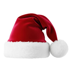 Hyper-detailed close-up of a luxurious crimson velvet santa hat with thick, fluffy faux fur and pom-pom, isolated on a transparent background. concept of pristine christmas luxury