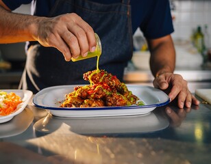 Close Up Professional Chef Garnishing Fried Chicken Wings with Sauce Food