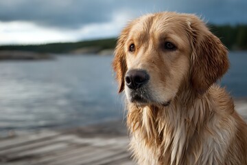 Golden retriever looking thoughtfully by the waters edge with a scenic backdrop of nature and cloudy skies during late afternoon hours