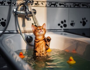 Adorable Bengal Kitten Enjoying a Bath with Rubber Duckies Indoors