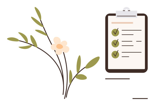 Clipboard with checklist and green checkmarks alongside delicate floral branch. Ideal for planning, organization, productivity, eco-friendliness, creativity, self-care, mindfulness. Simple flat