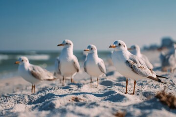 Obraz premium Seagulls gather on the sandy beach under a clear blue sky during a sunny day by the ocean, creating a serene atmosphere