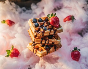 Delicious Stacked Waffles with Strawberry and Blueberry Toppings Food Concept