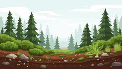 A tranquil cartoon forest landscape with tall evergreen pine trees, lush green bushes, and a misty background. A peaceful nature scene for a game or animation