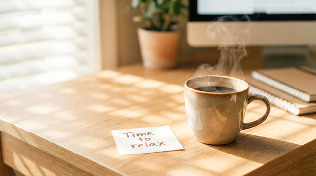 Warm cup of coffee on wooden desk with steaming beverage and motivational note, creating a cozy atmosphere for relaxation and focus
