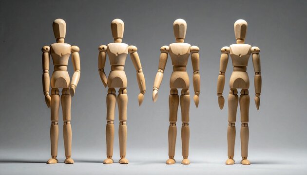 Four wooden artist mannequins posed in varied expressive stances, arranged on a neutral surface for gesture study.