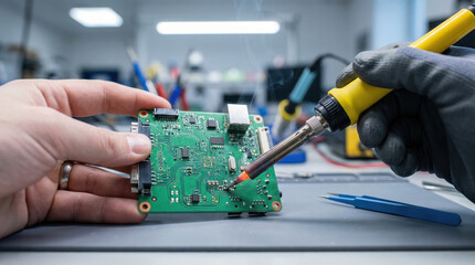 Hand holding soldering iron is repairing electronic circuit board in a workshop, showcasing intricate components and technical expertise in action
