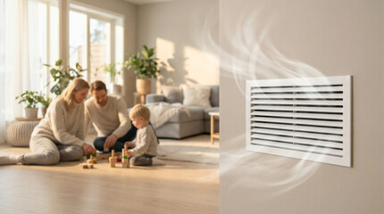 Air vent emitting warm air in cozy living room, family playing with toys on floor, creating a comfortable home atmosphere