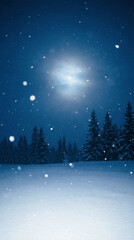 Naklejka premium Winter night landscape with snow falling and moonlit forest background