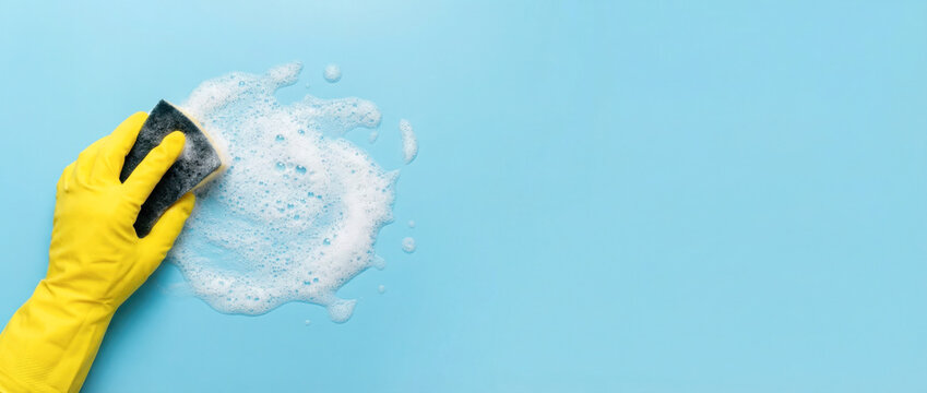 Hand in yellow rubber glove scrubbing surface with sponge, creating foam on blue background, showcasing cleaning process and hygiene practices