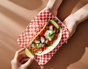 Overhead Fresh Gourmet Taco in Hands Ready to Eat Cuisine