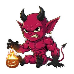 chibi red devil monster (crimson skin, muscular torso) sitting next to intensely flaming jack-o'-lantern, guarding it with exaggerated fury on a transparent background. adorable fantasy character
