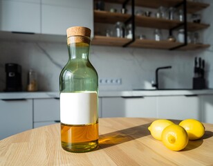 Fresh and Vibrant Glass Bottle with Olive Oil and Lemons Kitchen Still Life