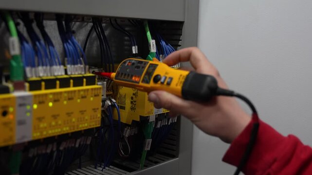Close-up test on wiring control cabinet and yellow safety modules inside an electrical control panel.