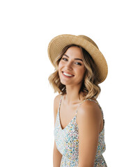 a radiant young caucasian woman with wavy blonde hair and a floral sundress, wearing a wide-brimmed straw hat against a transparent studio background, concept of effortless summer style