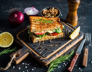 Delicious Grilled Sandwich with Fresh Vegetables and Cheese on Cutting Board