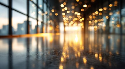 Abstract blurred urban interior with golden light reflections on glossy floor, creating atmospheric bokeh effect in modern building. High quality
