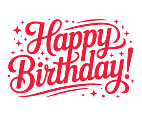 Festive red script lettering spelling happy birthday with sparkling star accents