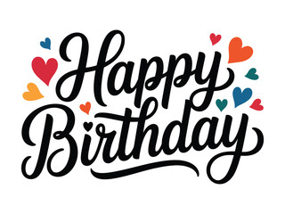 Handwritten happy birthday text with colorful hearts and confetti illustration