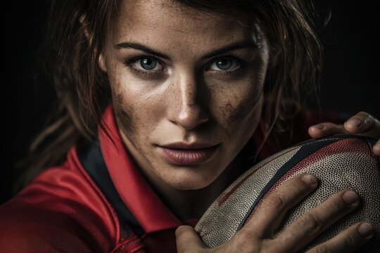 Female rugby player confidently poses with her rugby ball, showcasing determination and strength in an intense training environment during the evening hours
