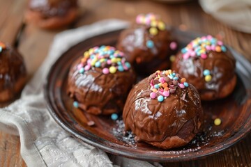 Chocolate cakes are sitting on a brown plate, covered in melted chocolate and colorful sprinkles, creating a sweet and tempting treat