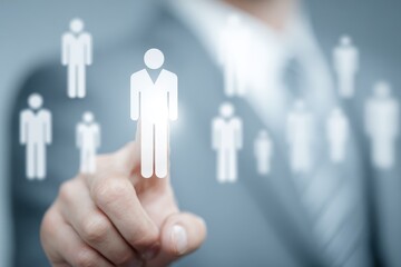 Businessman engaging in human resource management concepts with digital representations of human figures and a professional background
