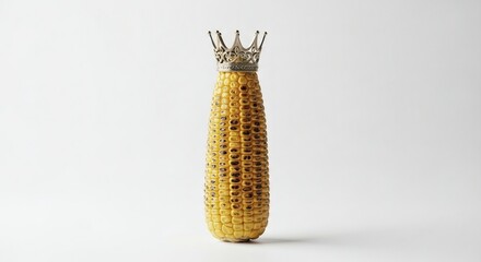 Corn on the cob wearing a crown on white background.
