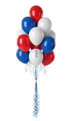 a dozen glossy latex balloons (red, white, royal blue) float with curly blue ribbons, isolated on a transparent studio background with large copy space. patriotic celebration concept