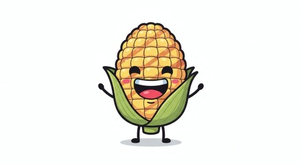 A cute cartoon corn on the cob character with a happy, joyful expression, waving its arms on a white background.