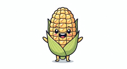 A cute cartoon illustration of a happy corn cob character with its husks peeled back.