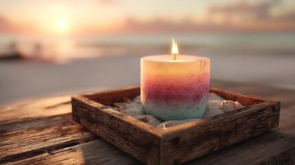 A calming candle burning gently on a sandy beach evoking serenity and peace during a tranquil sunset with soft golden