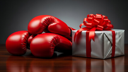 Red boxing gloves placed next to a wrapped gift box with a red bow on a wooden surface