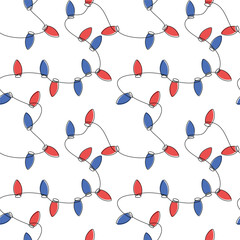 Red and blue light bulb garland seamless pattern vector. One line continuous illustration. Wallpaper, holiday background, fabric, textile print, wrapping paper, festive ornaments, Christmas decor. 