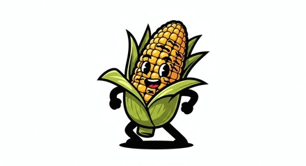 Cartoon illustration of a happy corn cob character with arms and legs, smiling.