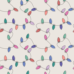 Hand drawn light bulb garland seamless pattern vector. One line continuous illustration. Wallpaper, holiday background, fabric, textile print, wrapping paper, festive ornaments, Christmas decor. 