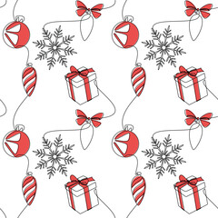 Hand drawn holiday background vector. Christmas seamless pattern line continuous drawing. Gift box, snowflake, red baubles. Festive decor print, cartoon illustration, ornaments wallpaper.