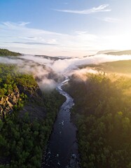 Aerial view of a winding river through a forested canyon shrouded in morning mist under a bright sky.