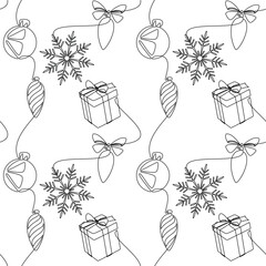 Linear holiday background vector. Hand drawn Christmas seamless pattern line continuous drawing. Gift box, snowflake, red baubles. Festive decor print, cartoon illustration, ornaments wallpaper.