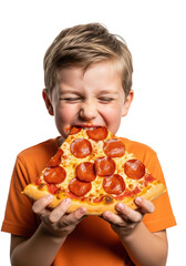 Cheerful 6yo caucasian boy with blond hair taking a massive bite of hot, oily pepperoni pizza, eyes closed in intense joy, high-key studio white background, concept for fast food indulgence and