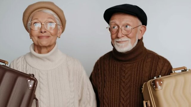 Elderly couple posing with suitcases on their shoulders in a retro style video highlighting travel and the playful spirit of the pair.