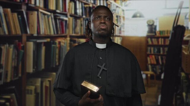Man priest holding an illuminated book in one hand, wearing a clerical collar and large cross, looking upward among tall bookshelves inside a library building; faith contemplation.