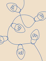 Winter postcard, greeting card, festive wall art print, beige background. Hand drawn abstract Christmas garland poster. Holiday ornaments vector. Light bulbs one line continuous drawing. 