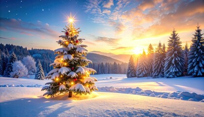 A brightly lit Christmas tree stands in a snowy, sunlit winter landscape with rolling hills and pine forests.