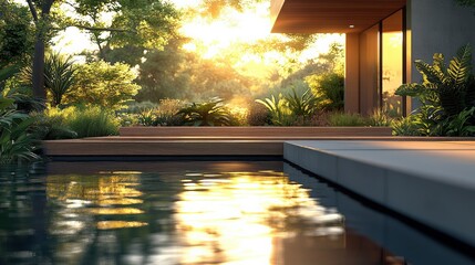 Tranquil modern patio scene with sunlight reflecting off water surrounded by lush greenery and nature