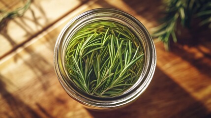 Fresh Rosemary Sprigs Infused in Olive Oil in a Clear Glass Jar on Wooden Table