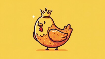 A cute cartoon chicken wearing a golden crown on a yellow background.