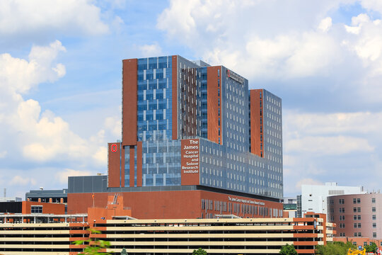 Modern building of The James Cancer Hospital and Solove Research Institute inside the Ohio state university campus in Columb, Ohio