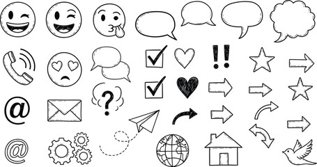Hand-drawn communication icon vector illustration, emoticons, speech bubbles, arrows, hearts, stars, email, gear, globe, playful sketch-style design