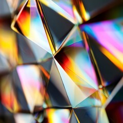 Obraz premium Prismatic Geometry: Intricate facets of a crystal structure reflect a spectrum of light, showcasing the dance of colors and forms, creating an artistic display of geometric perfection.