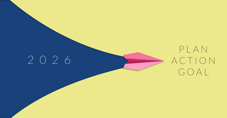 a paper plane launch to New Year 2026 with new year target, to the text plan, action and goal, symbolize new year targets, fresh starts, change, new beginnings, and the passage of time